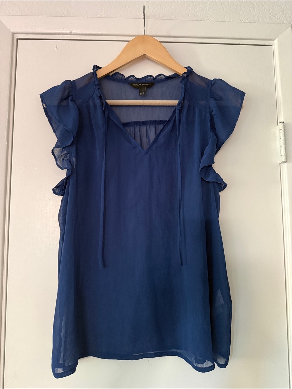 Banana Republic Navy Ruffle Sleeve V-Neck Blouse with Tie